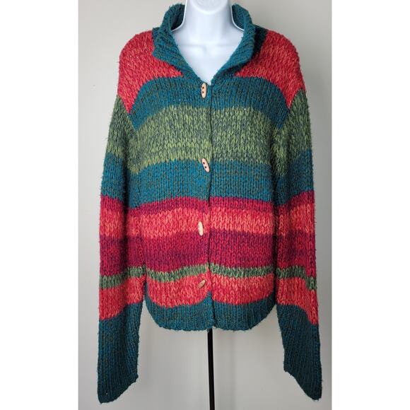 FIELDGEAR Striped Button Front Chunky Knit Cozy Cabinecore Cardigan Sweater sz L - Picture 1 of 7